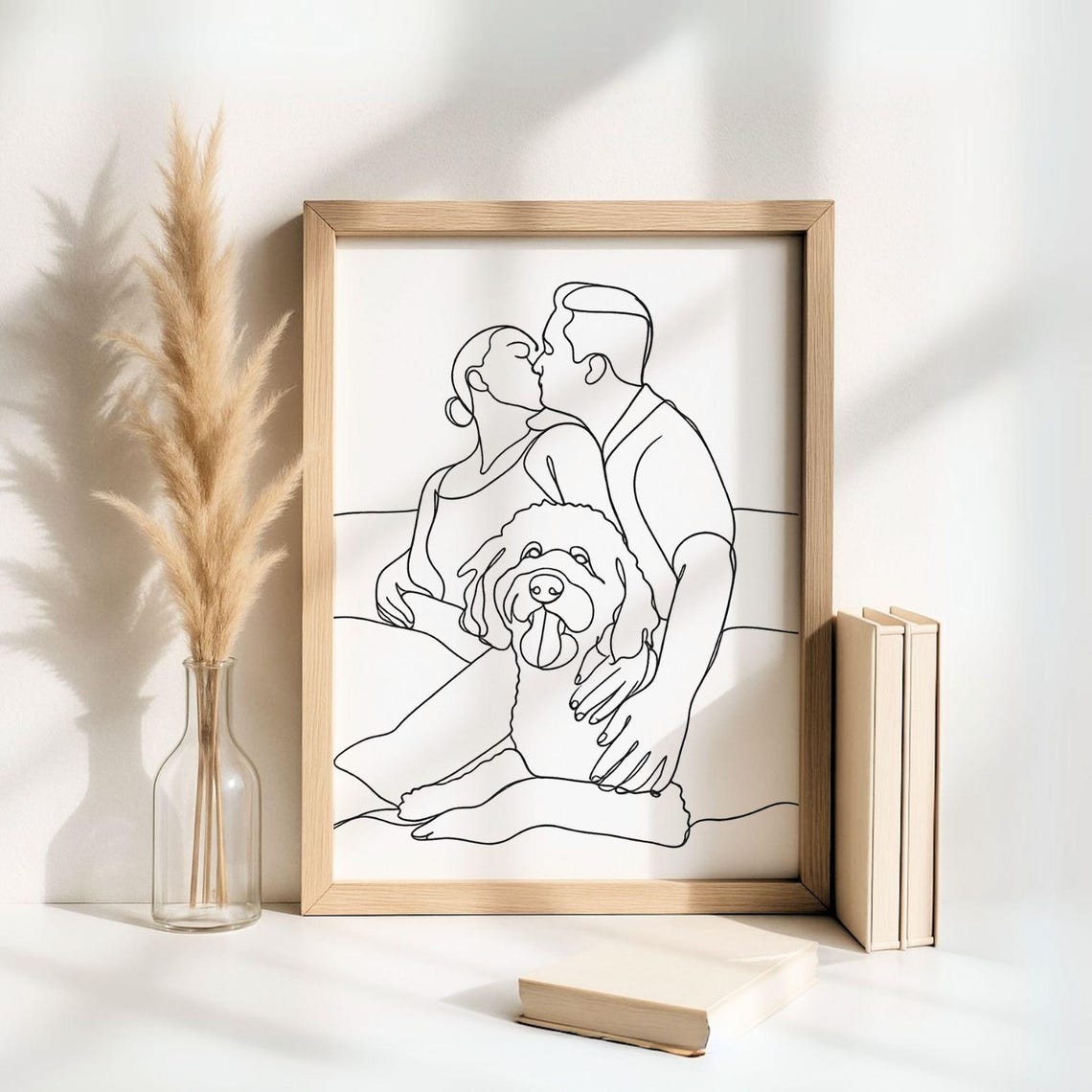 Custom One Line Art Portrait Couple And Dog Minimalist Drawing Poster