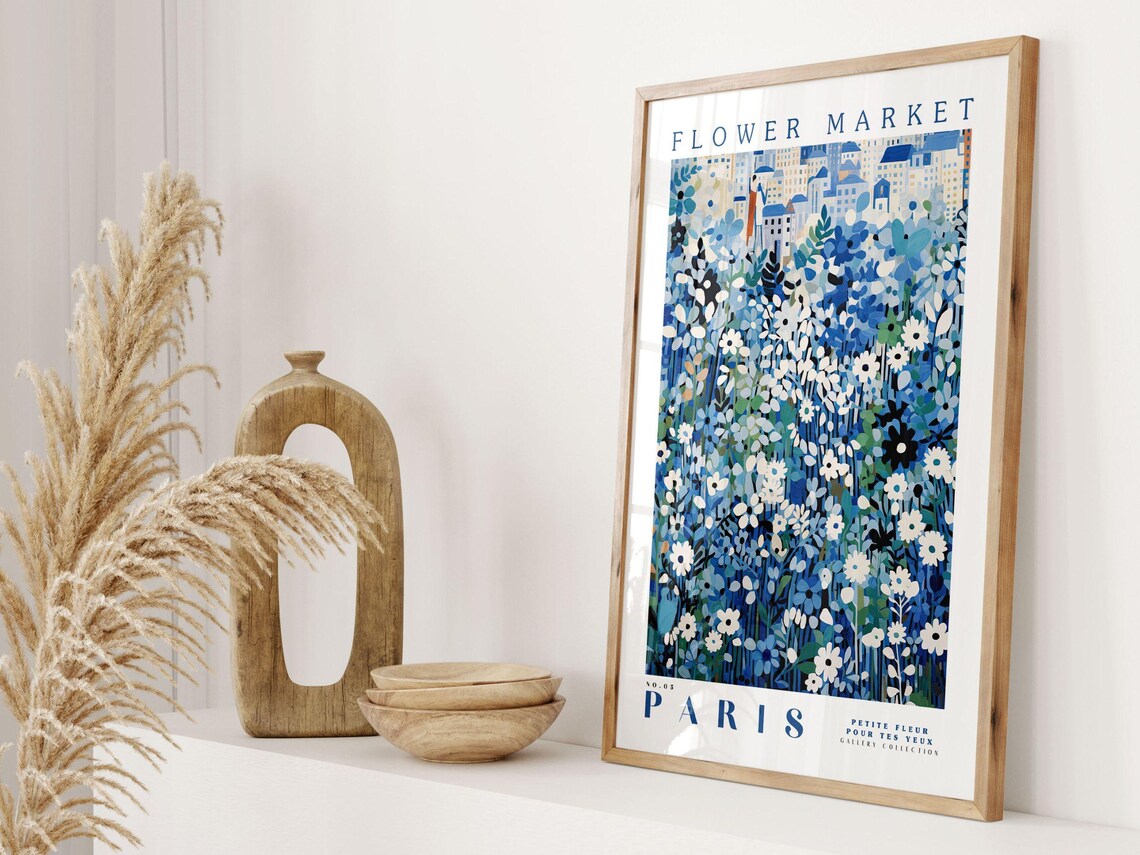 Paris Flower Market Blue Botanical Travel Poster - Image 2