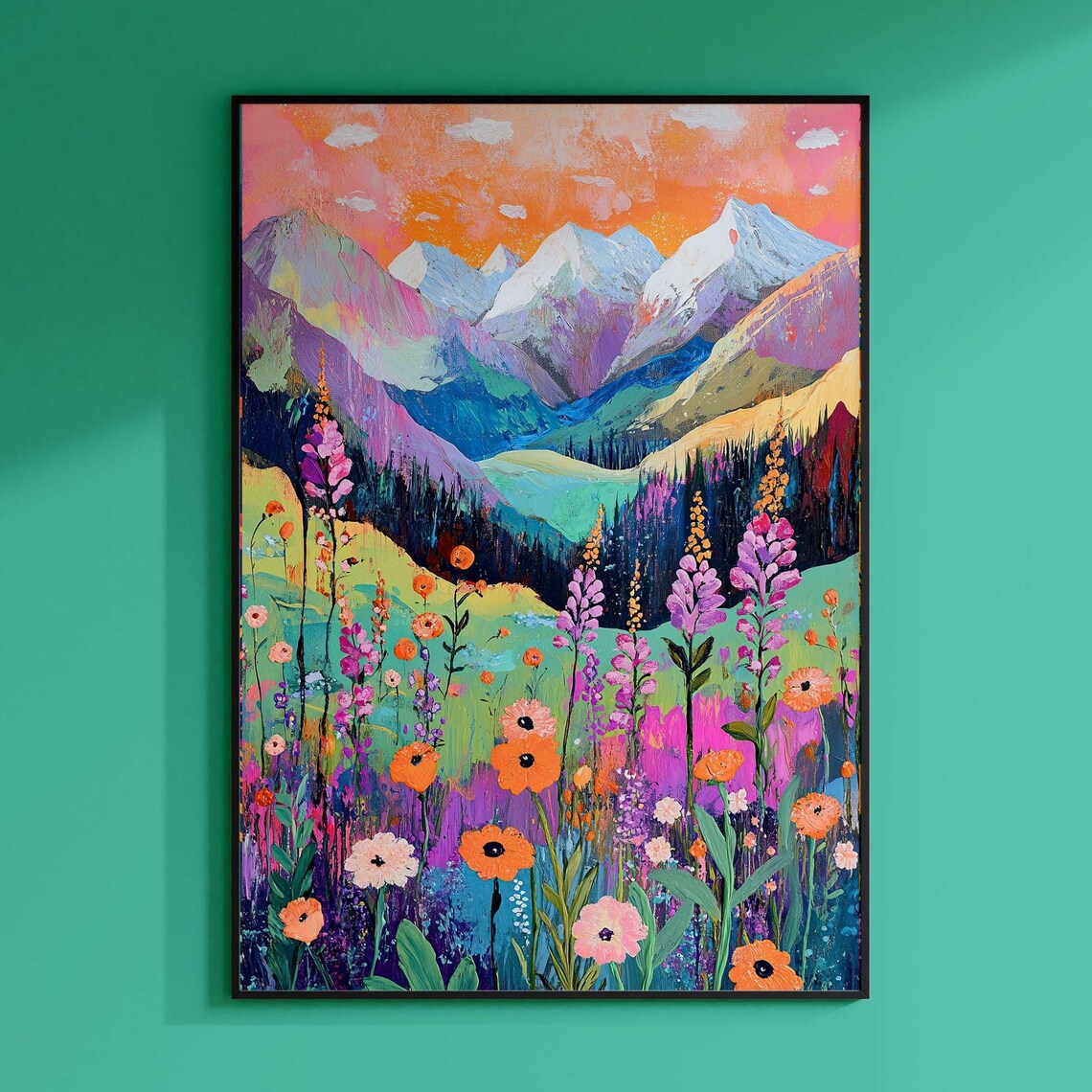 Abstract Mountain Artwork, Colorful Patchwork Illustration
