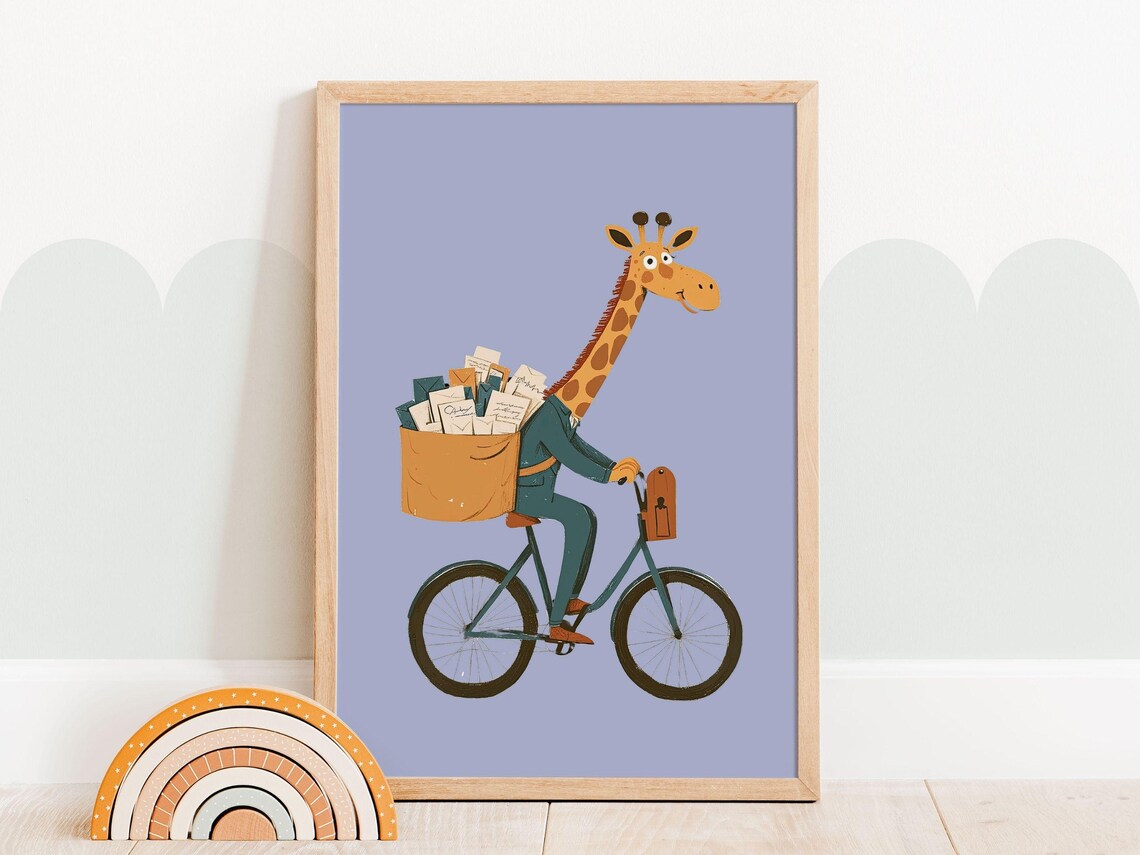 Giraffe Riding Bicycle Mail Carrier Cute Nursery Kids Poster