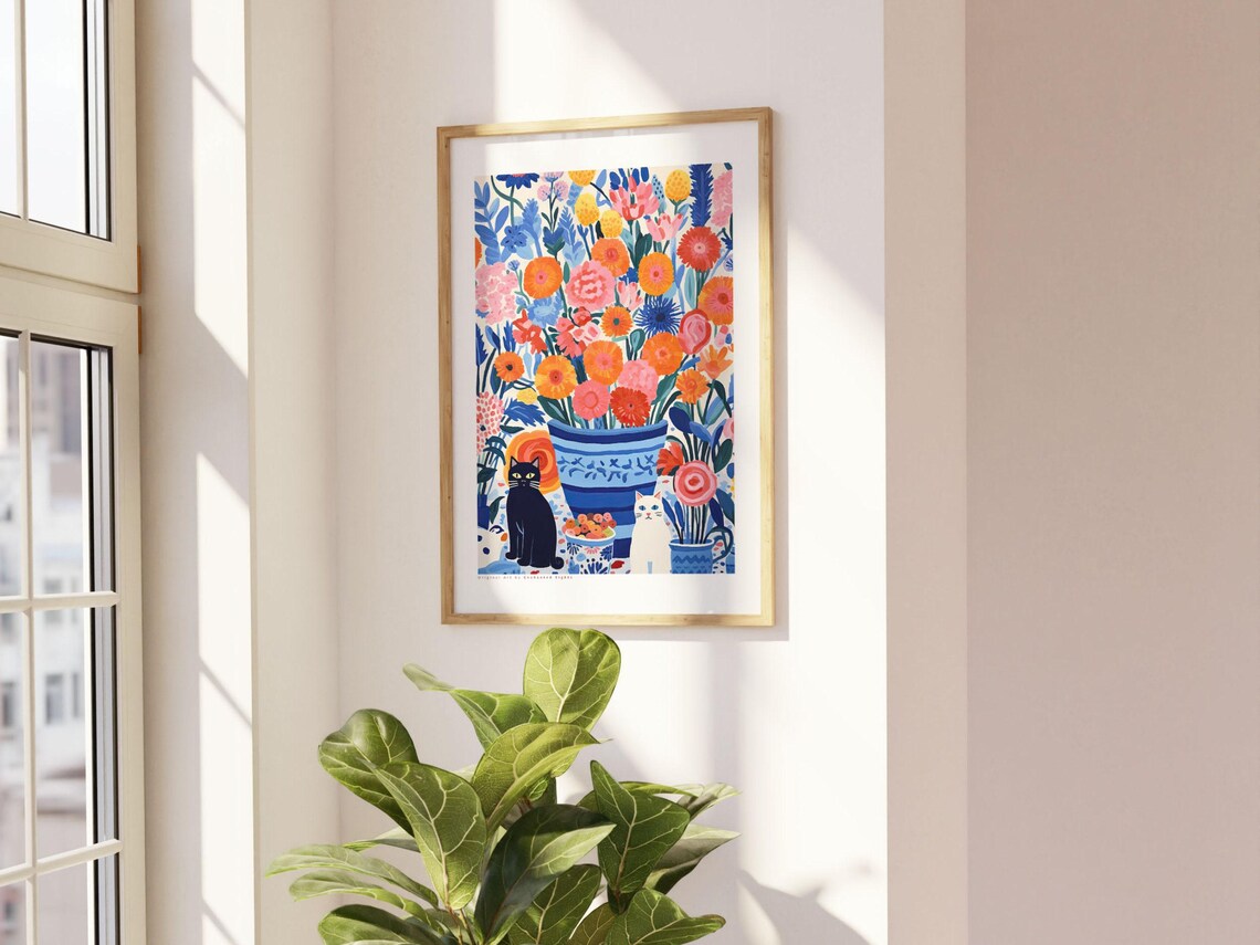 Two Cats Among Potted Flowers Enchanted Sights Art Beautiful Poster - Image 2