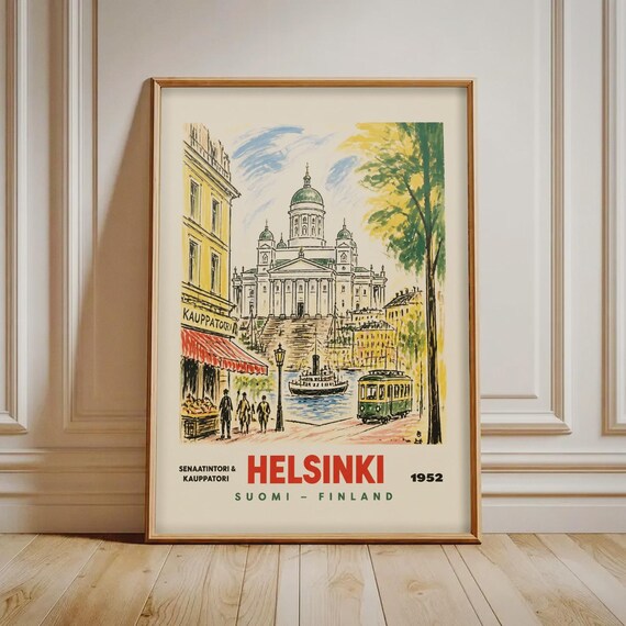 Helsinki Finland 1952 Vintage Travel Poster Senate Square Market