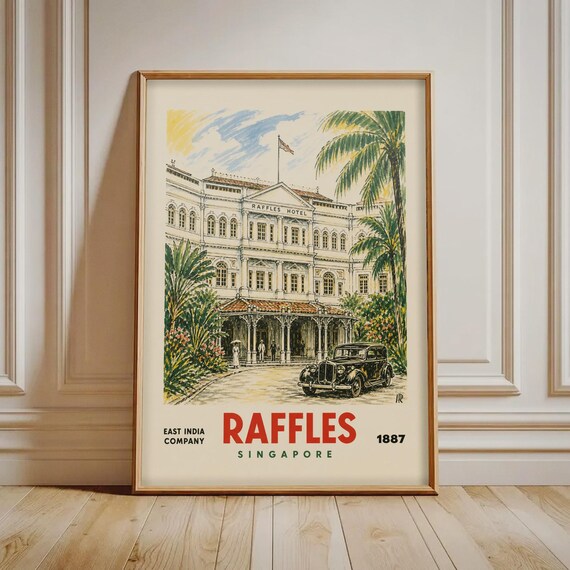 Raffles Hotel Singapore Print Vintage Travel Poster Art Colonial Architecture Wall Decor Tropical Home
