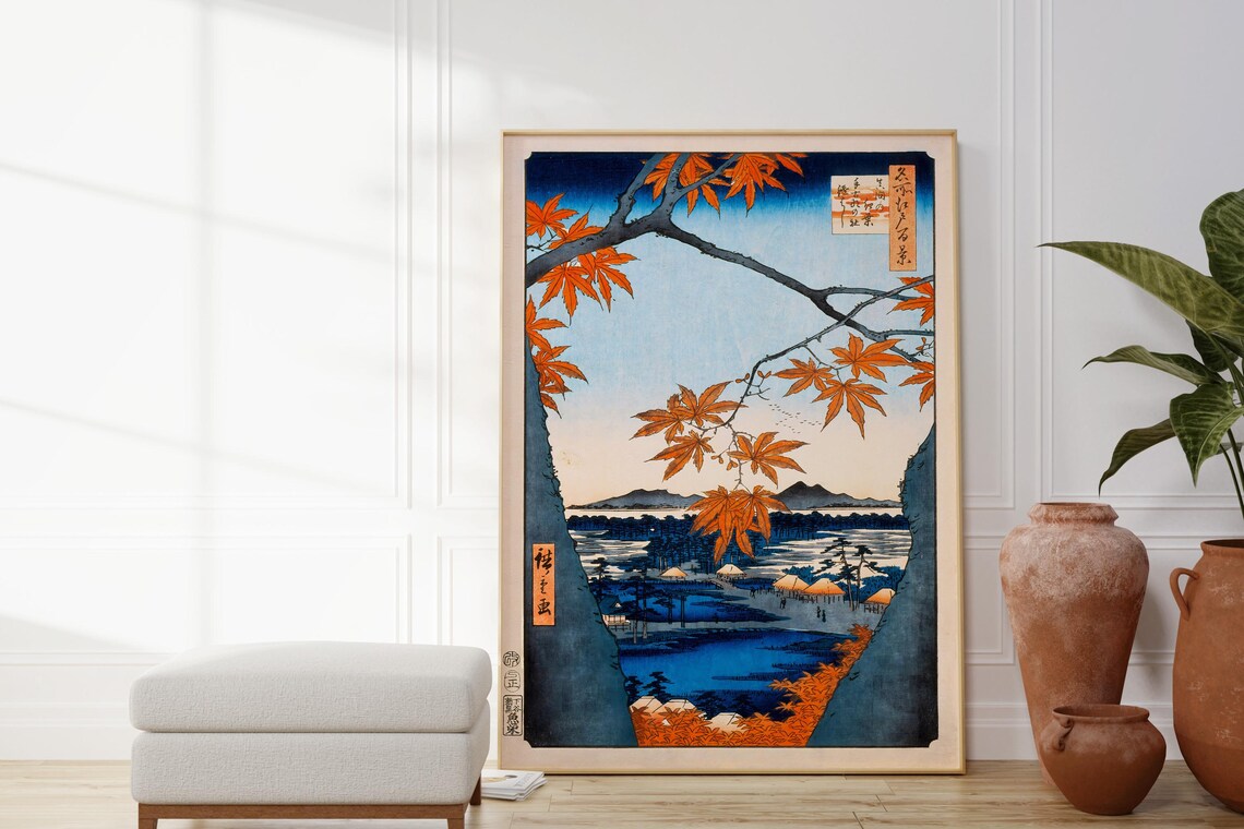 Japanese Maple Tree Autumn Woodblock Lake Landscape Vintage Poster - Image 4
