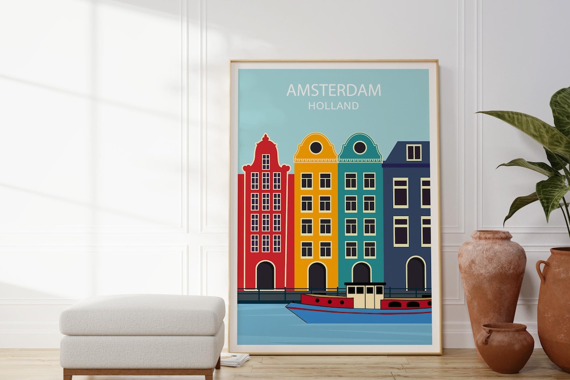 Amsterdam Holland Canal Houses Colourful Gabled Homes Boat Wall Art - Image 4