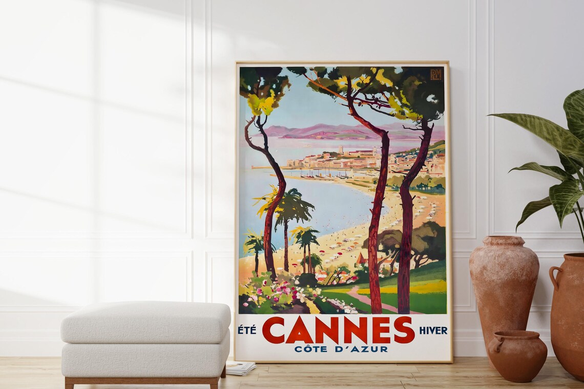 Cannes French Riviera Travel Poster Sunny Bay Beach Pine Trees View - Image 4