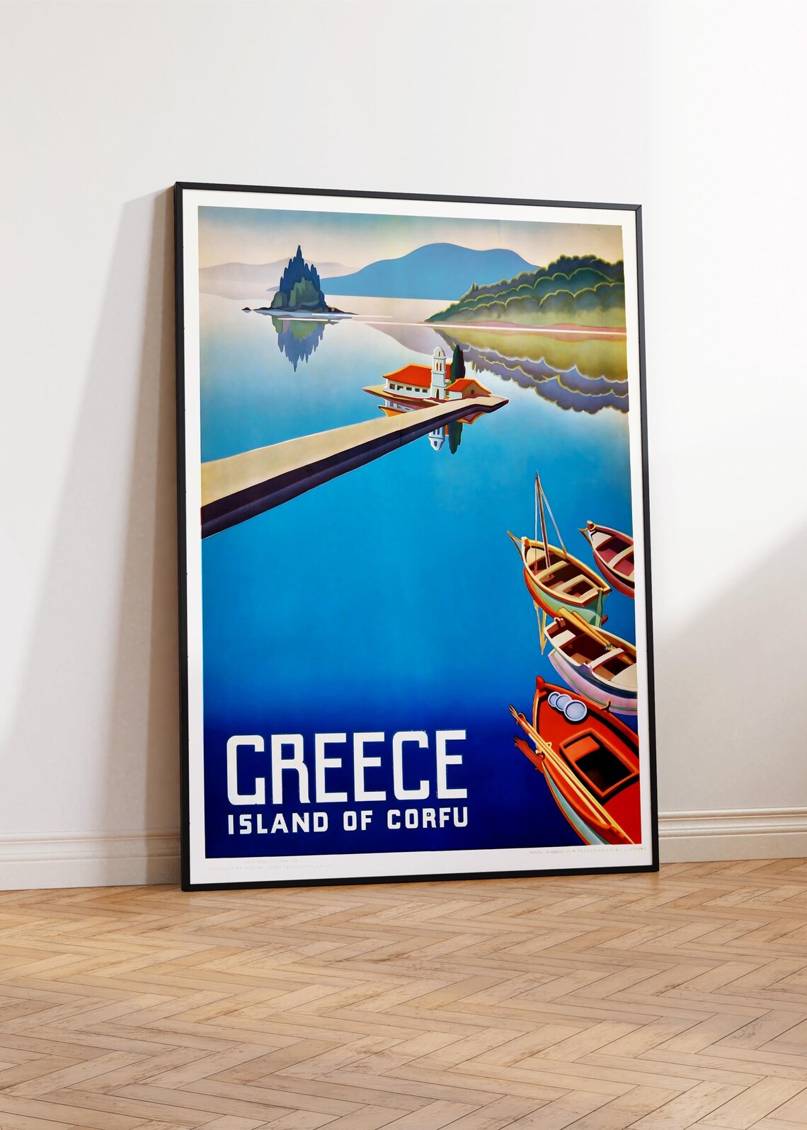 Corfu Greece Vintage Travel Poster Island Monastery Boats Blue Water - Image 3