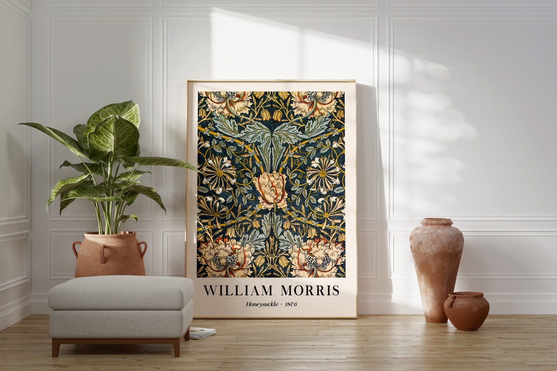 William Morris Honeysuckle 1876 Navy Floral Vintage Pattern Poster - Image 2