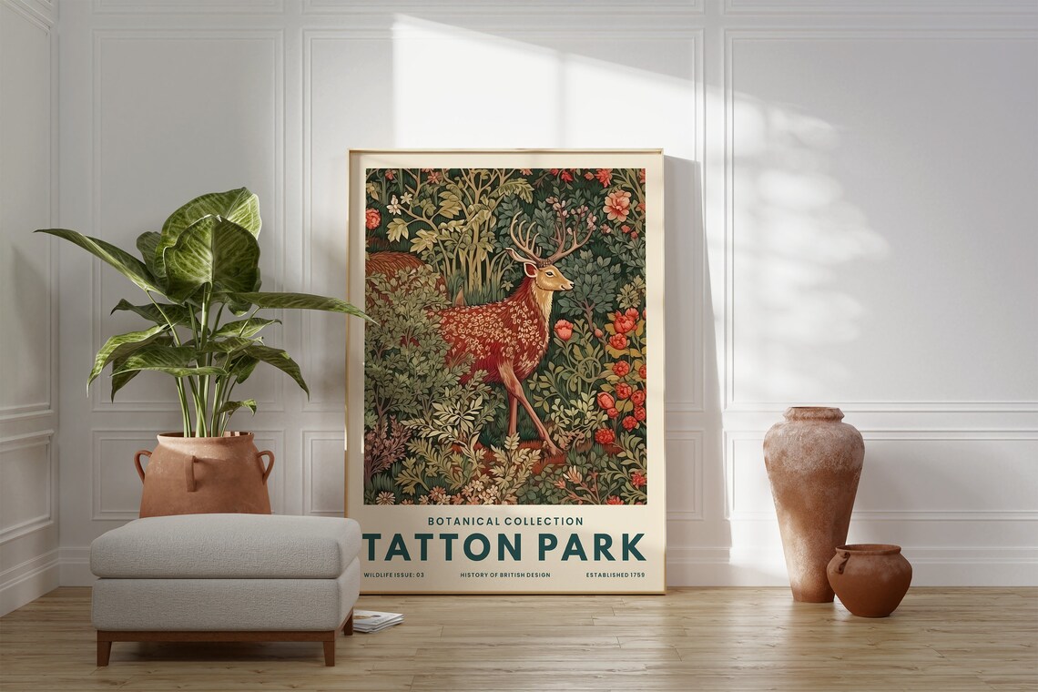 Tatton Park Botanical Stag Deer Tapestry Style William Morris Art Poster - Image 3