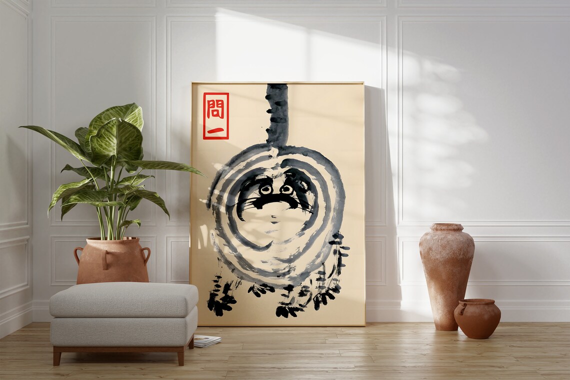 Matsumoto Hoji Fat Cat Japanese Sumi E Ink Wash Whimsical Animal Wall Poster - Image 2