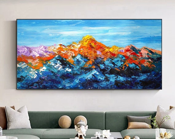 Large Original Abstract Colorful Mountain Oil Painting On Textured Mountain Landscape Artwork Original Gold Blue Mountain Art