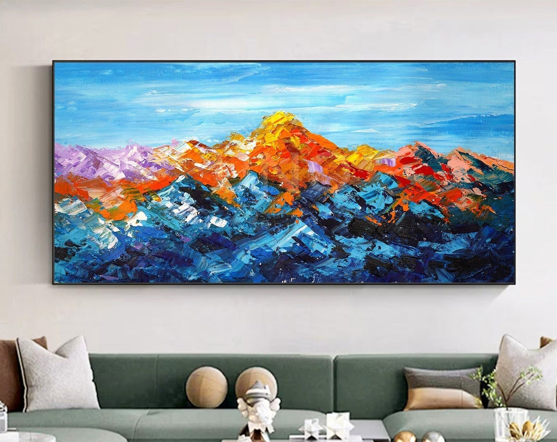 Large Original Abstract Colorful Mountain Oil Painting On Textured Mountain Landscape Artwork Original Gold Blue Mountain Art