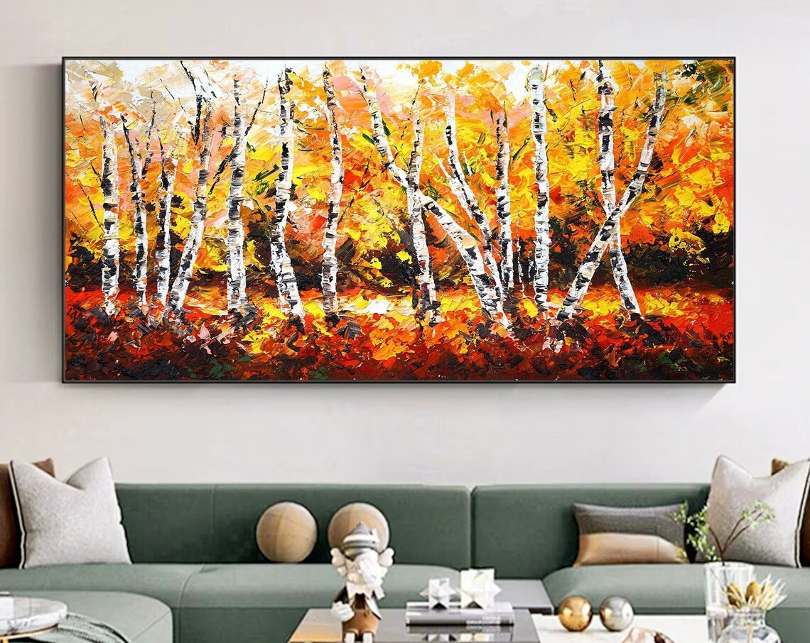 Golden Birch Forest Autumn Landscape White Trunks Orange Leaves Poster
