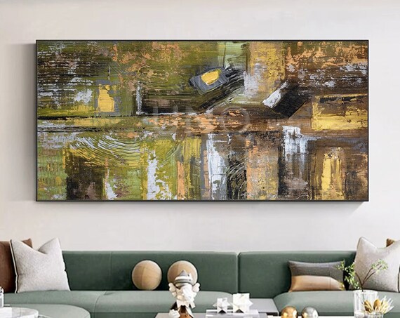 Unique Green And Gold Artwork Luxury Line Texture On Original Abstract Boxes Wall Art Modern Geometric Art Sofa Wall Decor