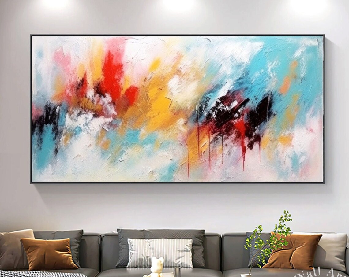 Red Blue And Gold Brushstroke Abstract Painting Vibrant Modern Poster