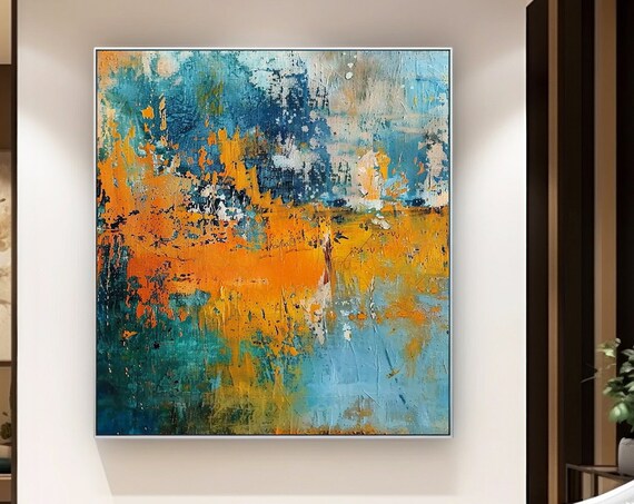 Original Hand Painted Blue Orange Wall Art Vertical Stylish Blue Decoration Gift Rustic Teal Blue Decor Idea Contemporary Wall Art
