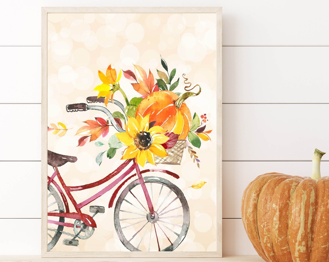 Autumn Floral Bicycle Watercolor Print, Fall Decor