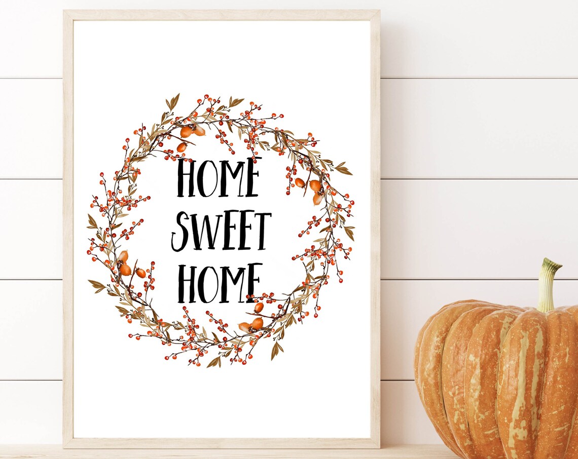 Charming Home Sweet Home Berry Wreath Fall Farmhouse Quote Art Print