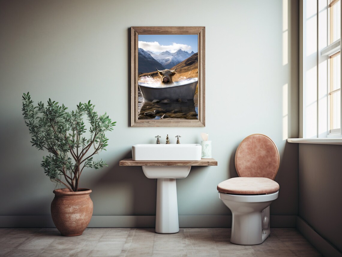 Highland Cow In A Bathtub, Funny Bathroom Poster - Image 3