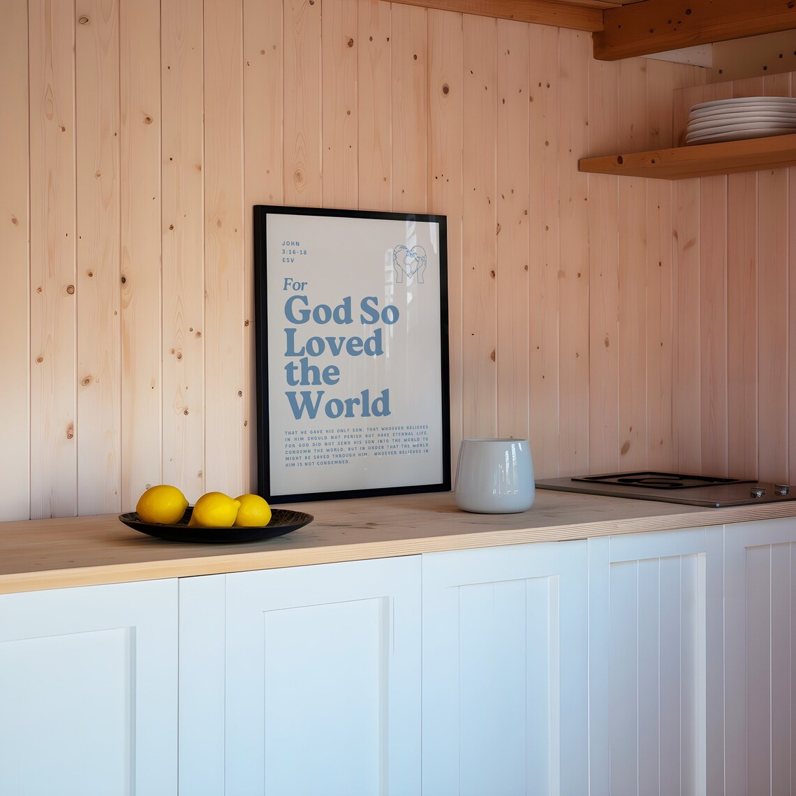 For God So Loved the World John 3 16 18 Blue Retro Bible Verse Kitchen Poster - Image 4
