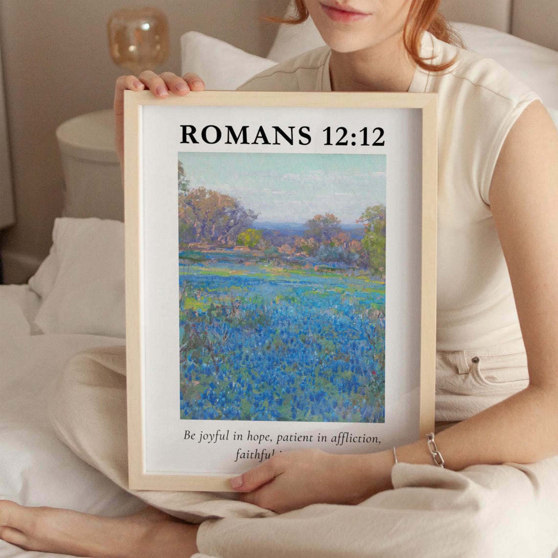 Romans 12:12 Blue Wildflower Vintage Painting Scripture Verse Poster - Image 3