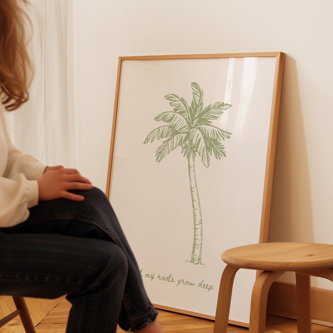 Let My Roots Grow Deep Sage Green Palm Tree Line Drawing Poster - Image 3