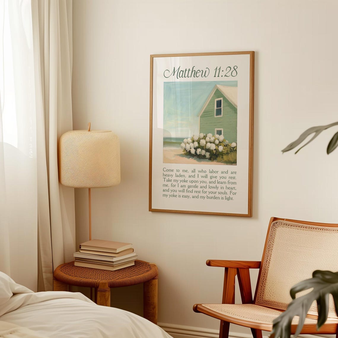 Matthew 11:28 Beach House Hydrangeas Coastal Painting Poster - Image 3
