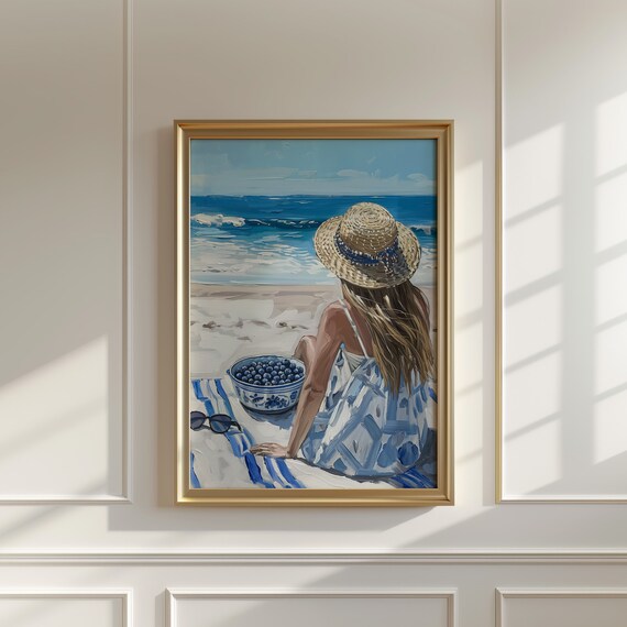 Beach Girl Straw Hat Blueberry Bowl Coastal Cowgirl Scene Poster