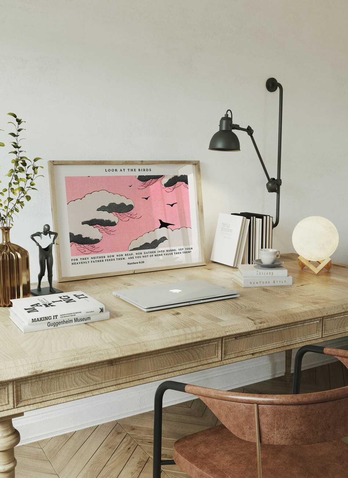Look at the Birds Matthew 6:26 Pink Japanese Woodblock Sky Clouds Poster - Image 2