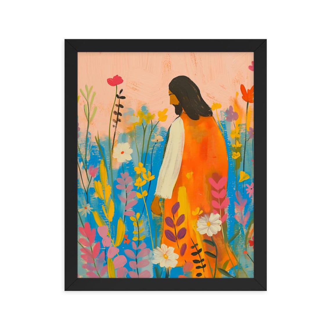 Jesus Walking Among Wildflowers Colorful Floral Painting Poster - Image 3