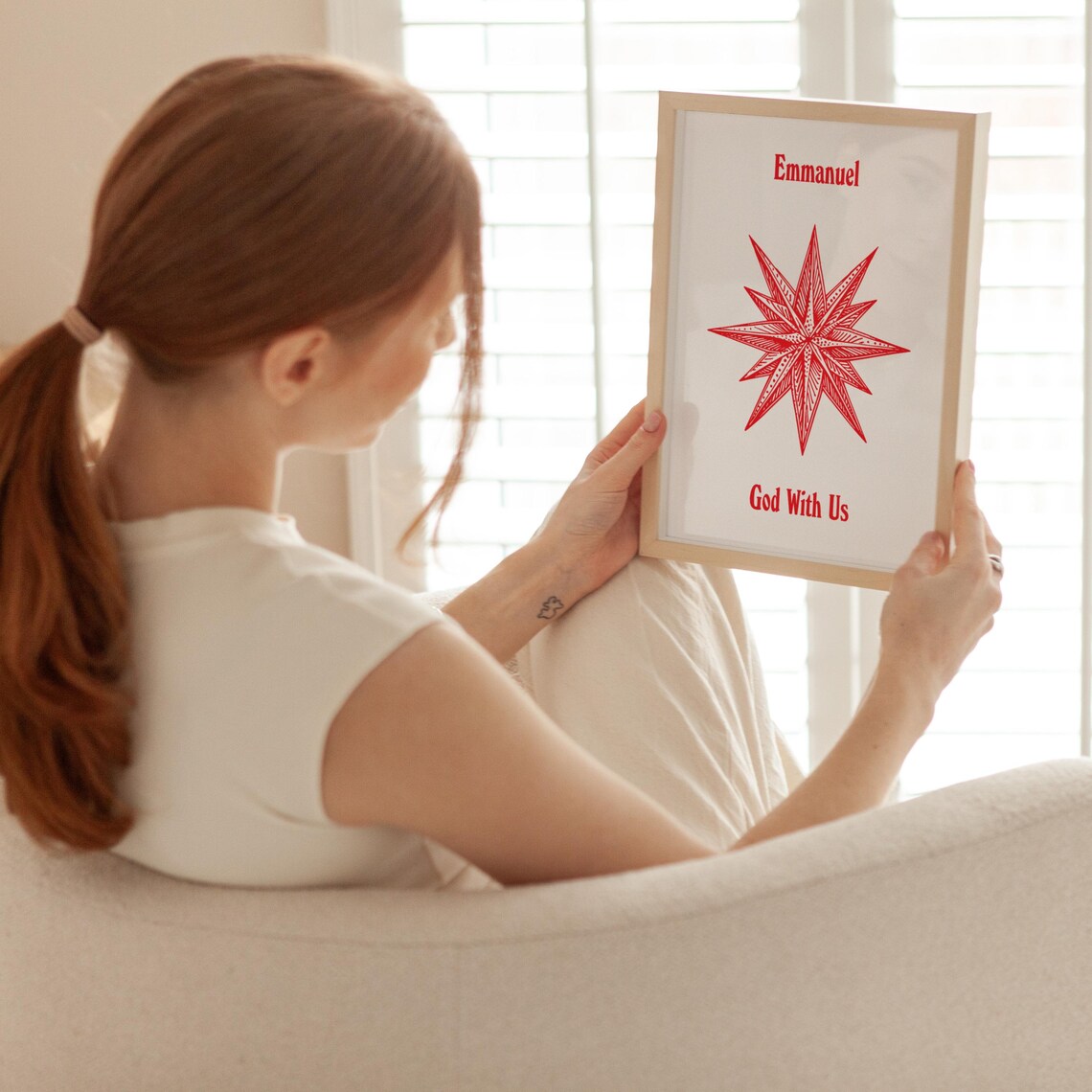 Emmanuel God With Us Christmas Star Red Line Art Holiday Poster - Image 3
