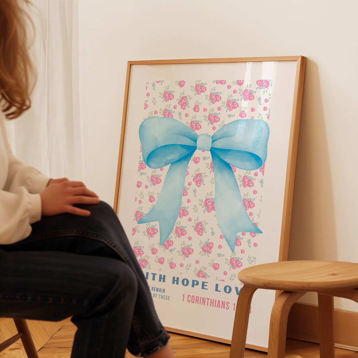 Faith Hope Love 1 Corinthians 13 13 Blue Bow Pink Floral Christian Wall Art - Image 3