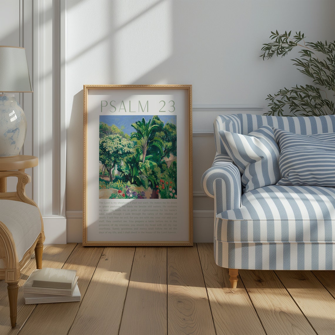 Psalm 23 Lush Tropical Garden Painting Cream Scripture Poster - Image 3