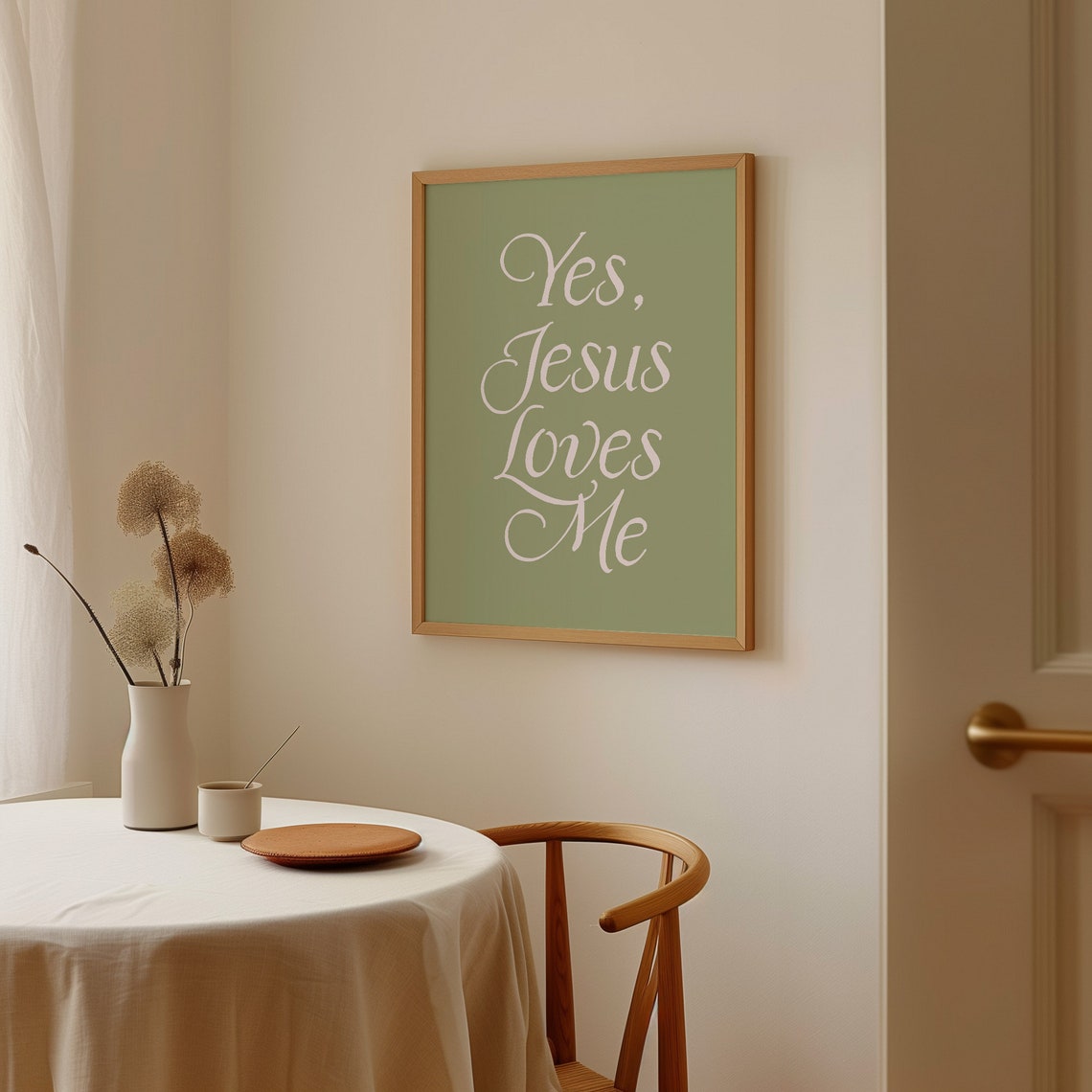 Yes Jesus Loves Me White Calligraphy Sage Green Nursery Poster - Image 3