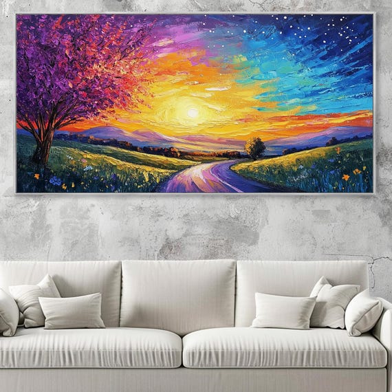 Sunsetnight Sky Art Vibrant Mountain Landscape Oil Painting Large Wall Art For Living Room Contemporary Nature Artwork Modern Home Decor
