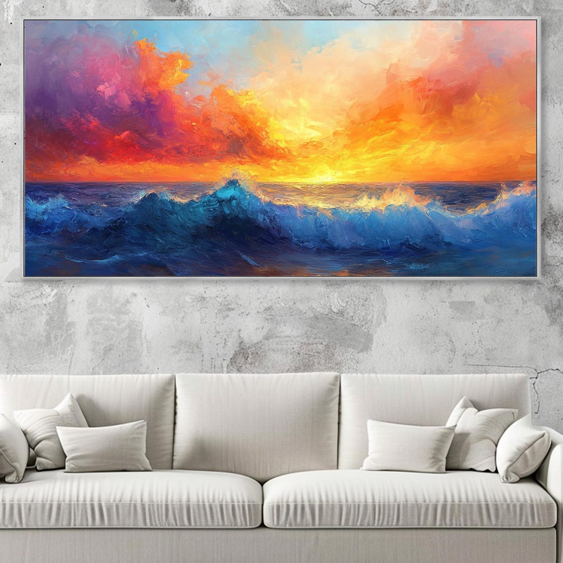 Fiery Sunset Ocean Wave Purple Orange Clouds Impasto Seascape Poster