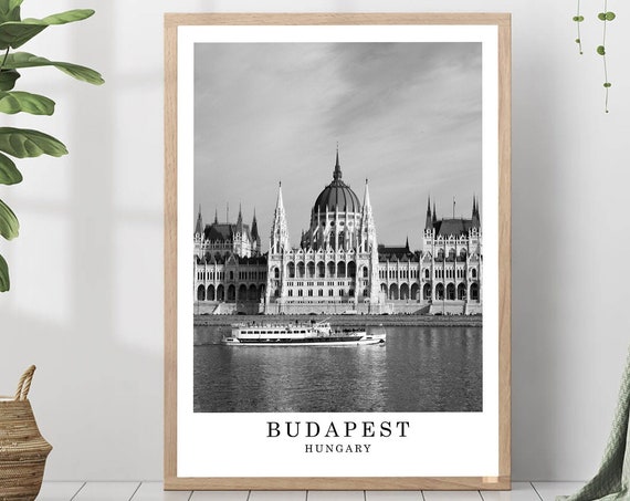 Budapest Travel Poster, Black and White City Landmark Art Print
