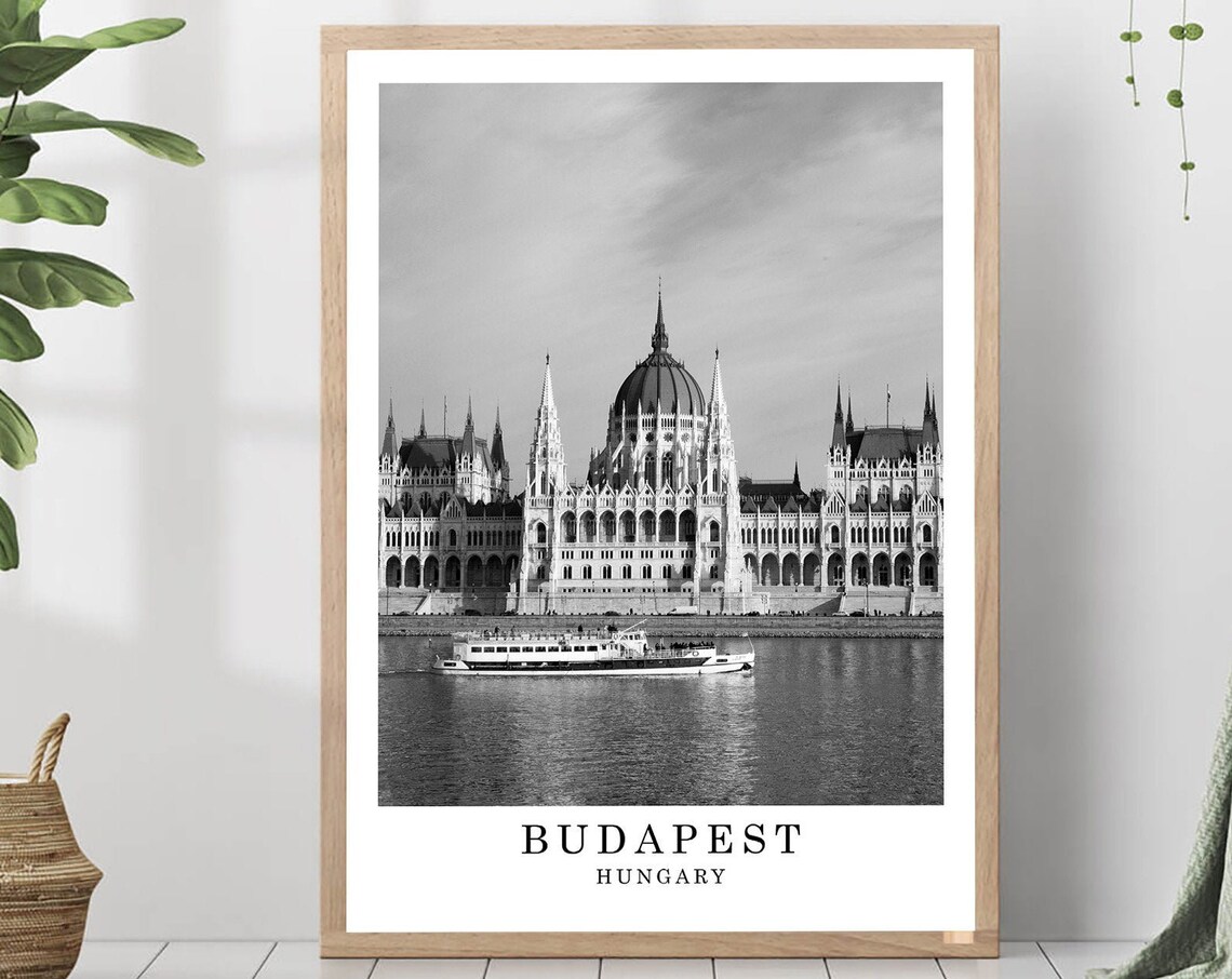 Budapest Travel Poster, Black and White City Landmark Art Print