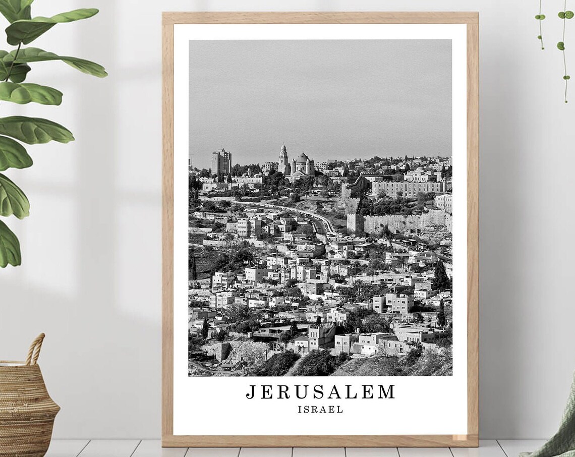 Jerusalem Old City Hillside View Black and White Photo Poster