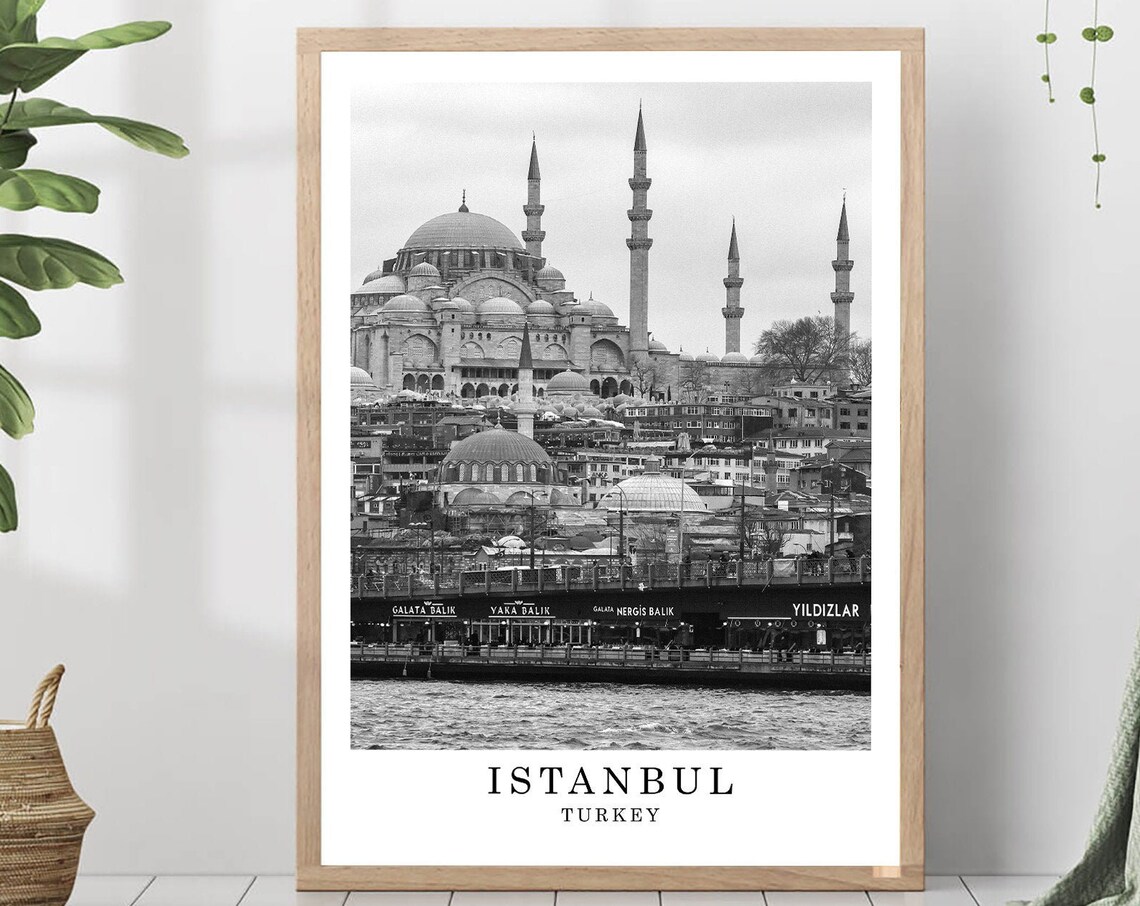Istanbul Suleymaniye Mosque Golden Horn Black and White Poster