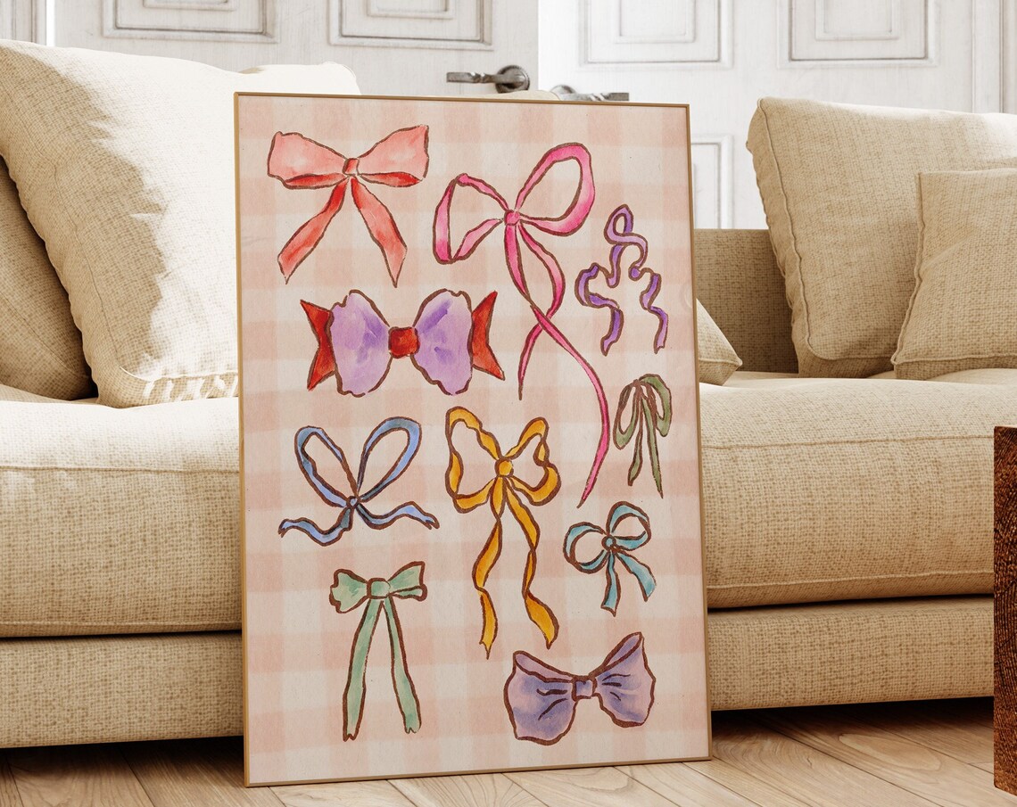 Colorful Bows Art Print, Coquette Wall Decor