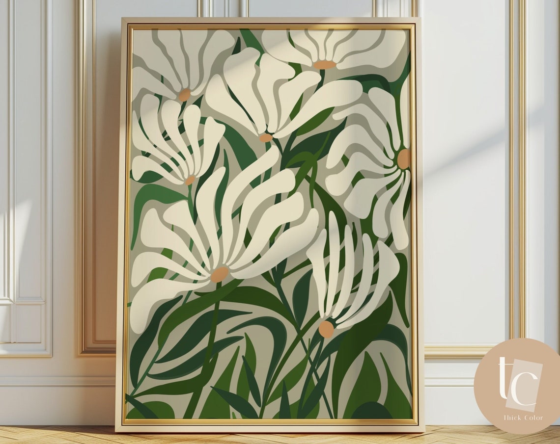Abstract White Flowers Green Neutral Vintage Botanical Art Poster