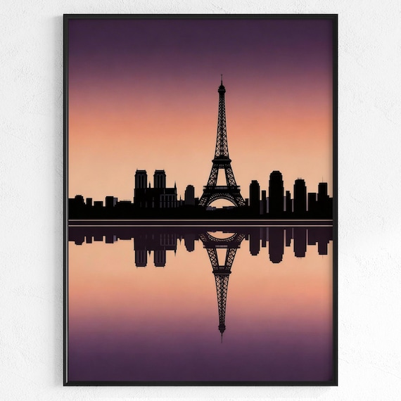 Eiffel Tower Paris Silhouette Sunset Skyline Reflection Poster