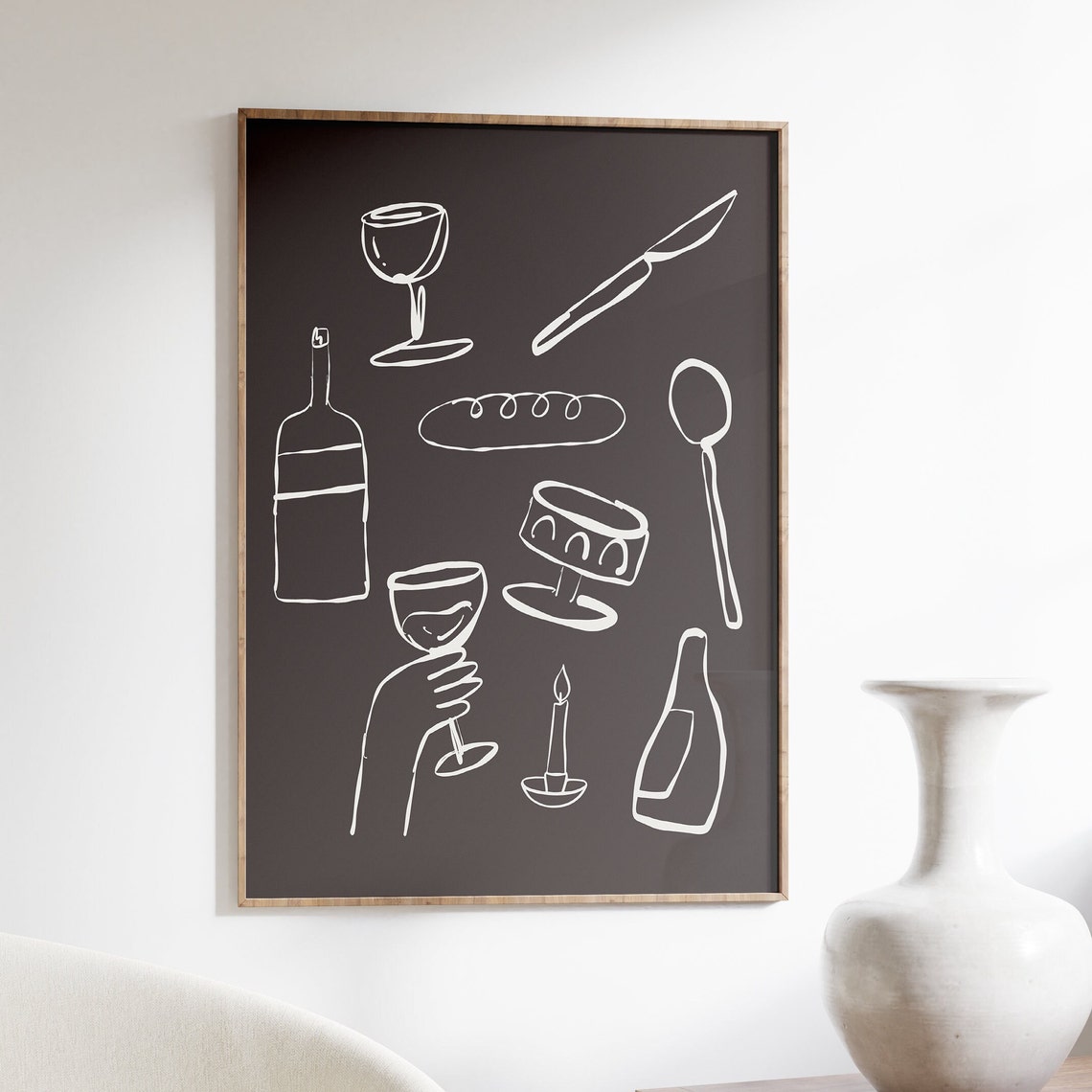 Black and White Dinner Party Wine Bottle and Glasses Line Art Print