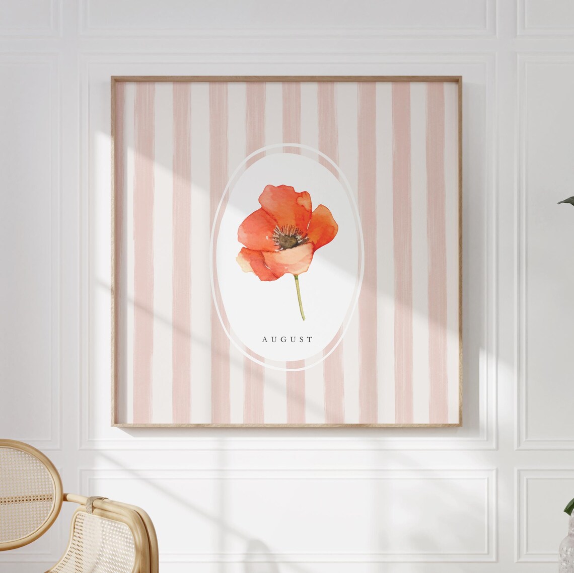 August Red Poppy Birth Month Flower Watercolor Striped Wall Art - Image 3