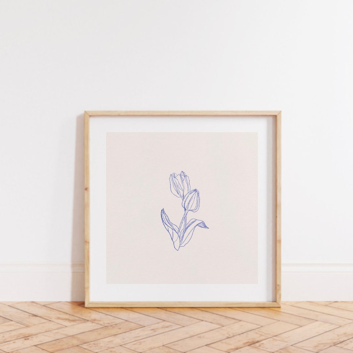 Blue Thin Line Tulip Sketch Cream Background Minimalist Print - Image 3