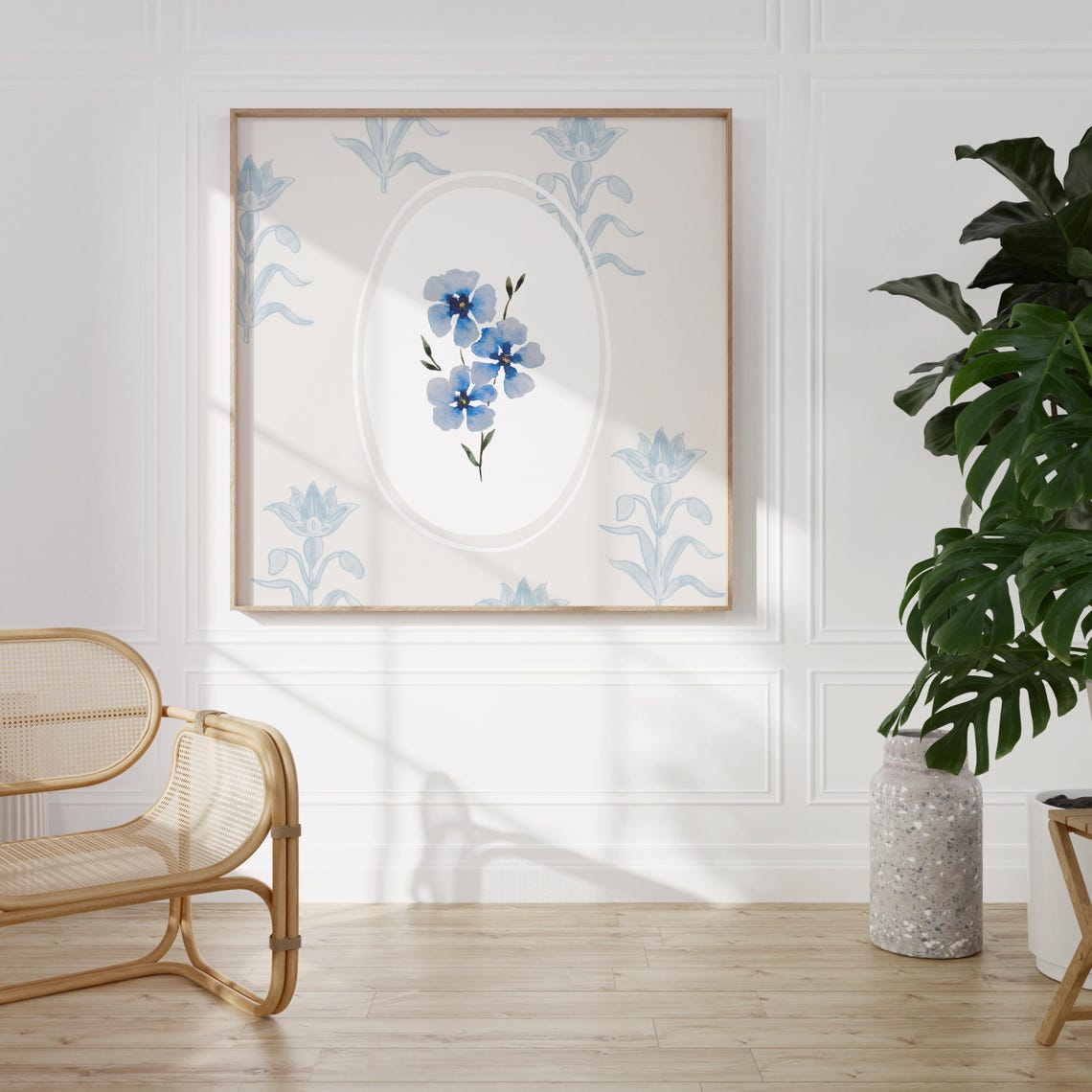 Blue Daisy Watercolor Oval On Grey Toile Floral Wallpaper Poster - Image 2