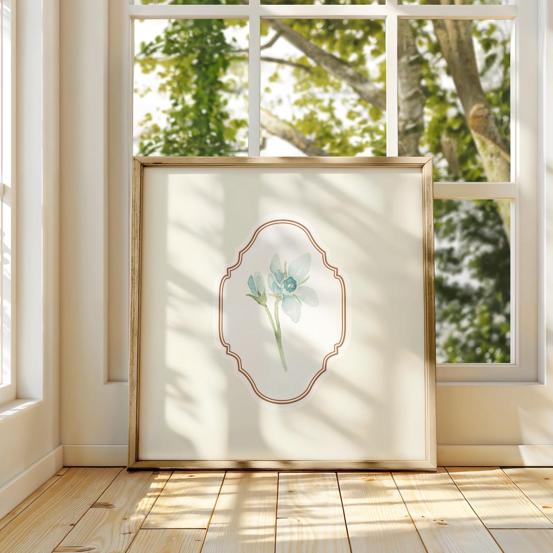 Cream Minimal Blue Flower Watercolor Poster Botanical Nursery Decor - Image 3