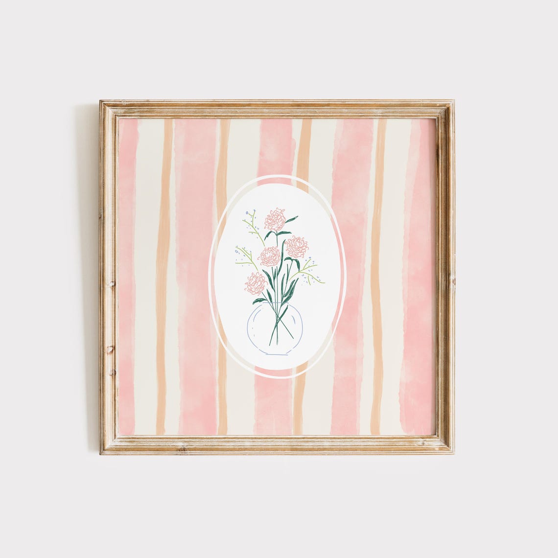 Romantic Pink Carnations in Vase Oval on Striped Background Poster