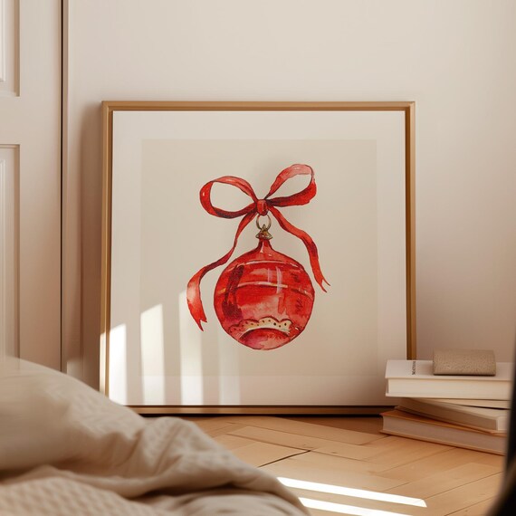 Hand Painted Watercolor Red Christmas Bauble Ornament and Ribbon Poster